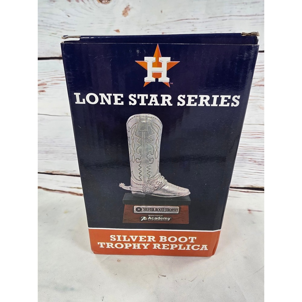 Houston Astros Silver Boot Trophy Replica Lone Star Series 50th Anniversary Box